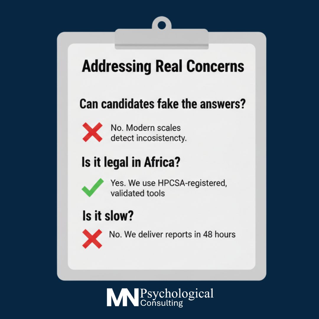 A checklist graphic addressing common concerns about hiring assessments. It features three questions: "Can candidates fake the answers?" (answered with a red X and "No. Modern scales detect inconsistency."), "Is it legal in South Africa?" (answered with a green check and "Yes. We use HPCSA-registered, validated tools."), and "Is it slow?" (answered with a red X and "No. We deliver reports in 48 hours."). The image is captioned, "Worried about faking? Concerned about speed? We answer the tough questions in our latest blog post."