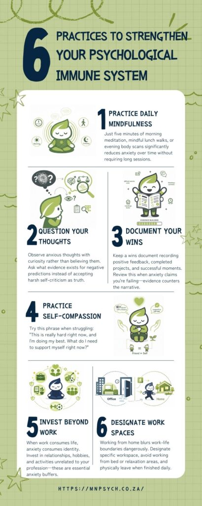 Infographic showing 6 practices to strengthen your psychological immune system, including mindfulness, questioning anxious thoughts, documenting wins, self-compassion, investing beyond work, and setting clear work boundaries.