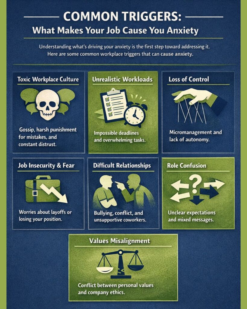 Infographic titled "COMMON TRIGGERS: What Makes Your Job Cause You Anxiety" detailing seven workplace anxiety triggers. These include: Toxic Workplace Culture (skull with speech bubbles), Unrealistic Workloads (checklist and clock), Loss of Control (puppet strings), Job Insecurity & Fear (briefcase with question mark), Difficult Relationships (two figures arguing), Role Confusion (question mark with arrows), and Values Misalignment (imbalanced scales). Each trigger is accompanied by a brief explanation.