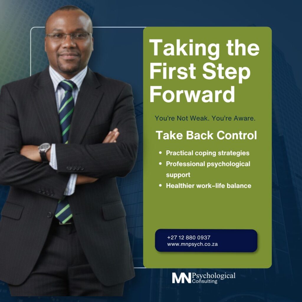 Organisational psychologist supporting workplace mental health and anxiety management at MN Psychological Consulting in South Africa