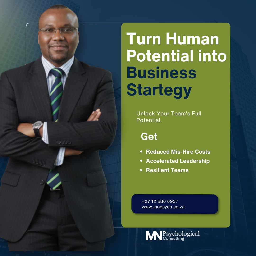 A diverse group of four professionals in a modern office, two men shaking hands while two women observe, with a data chart on a screen in the background. The image is titled "Turn Human Potential into Business Strategy" and lists bullet points: "Reduced Mis-Hire Costs," "Accelerated Leadership," and "Resilient Teams." A call to action button reads "Book a Strategy Session."