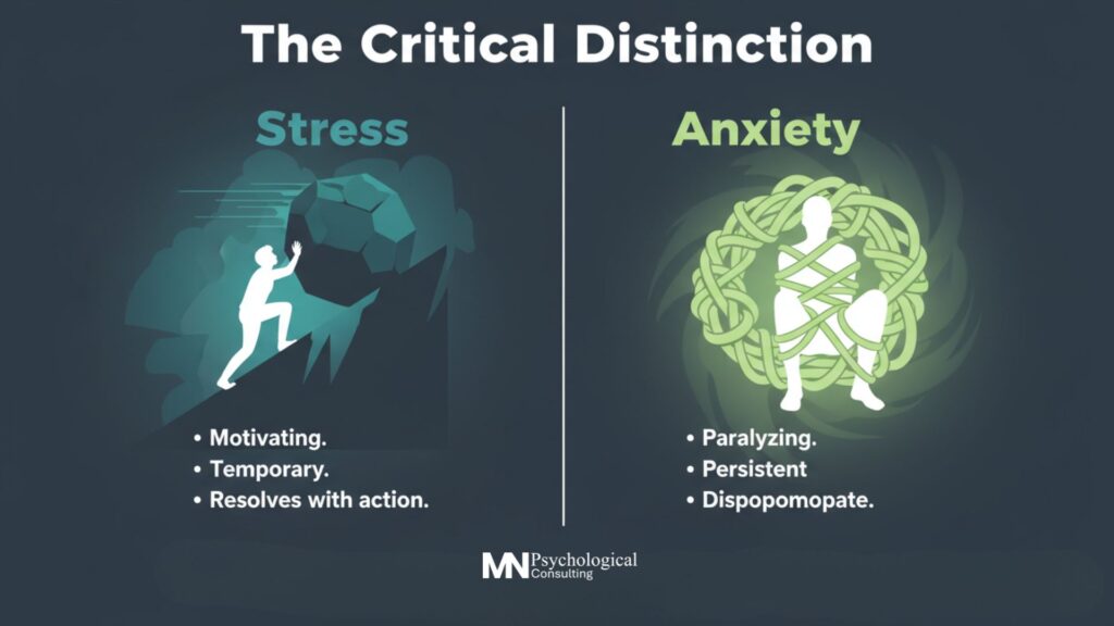 Infographic titled "The Critical Distinction" comparing Stress and Anxiety. Under "Stress," an icon shows a figure pushing a large boulder uphill, with bullet points: "Motivating," "Temporary," "Resolves with action." Under "Anxiety," an icon shows a figure curled up, bound by glowing, swirling lines, with bullet points: "Paralyzing," "Persistent," "Dispopomopate." The "MN Psychological Consulting" logo is at the bottom.