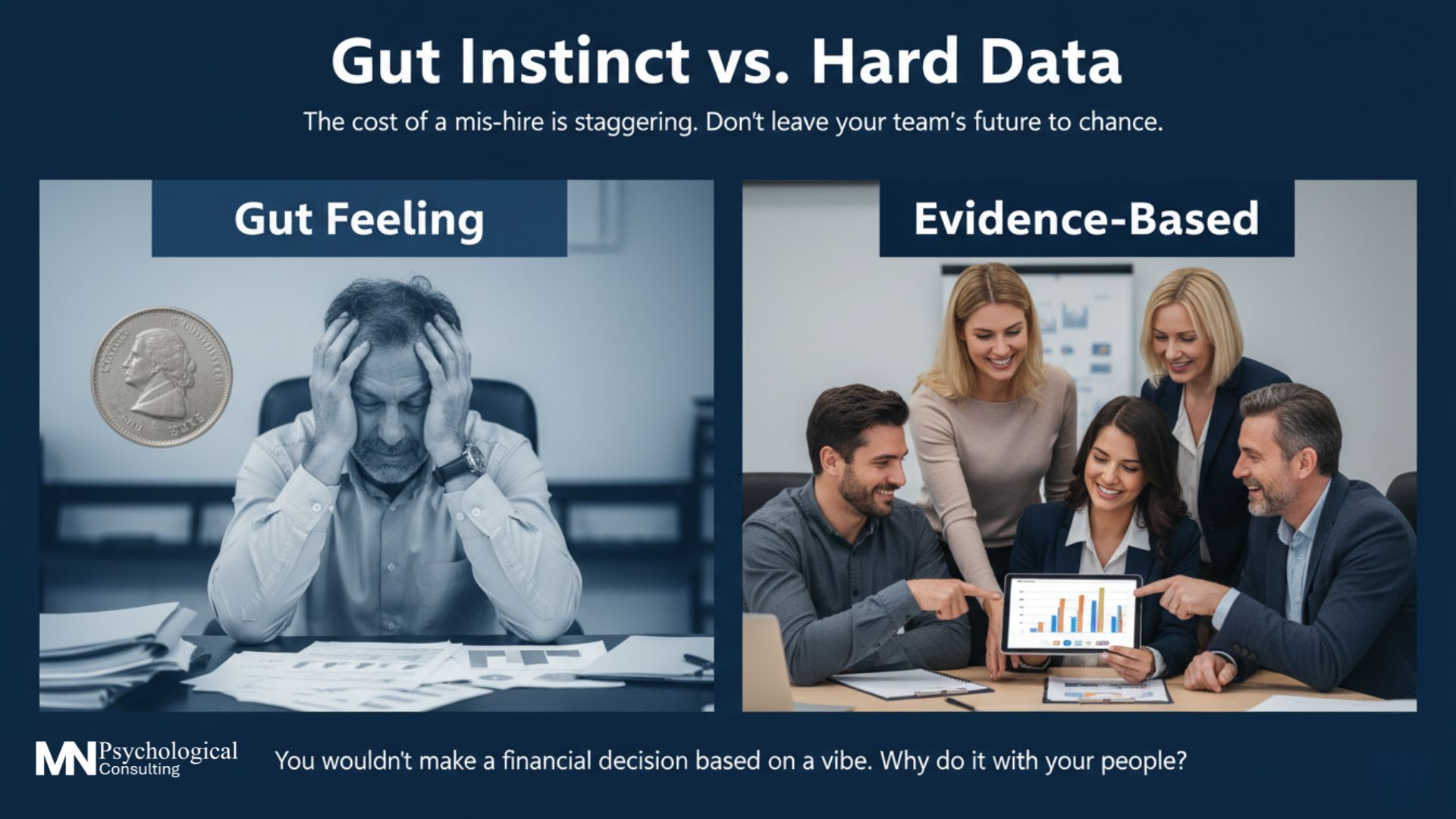 A split-screen image contrasting a stressed manager making a decision based on "Gut Feeling" (black and white photo with a coin flip) with a diverse, smiling team looking at "Evidence-Based" data on a tablet (color photo). The image is titled "Gut Instinct vs. Hard Data" with the subtext "The cost of a mis-hire is staggering. Don't leave your team's future to chance." and a caption "You wouldn’t make a financial decision based on a vibe. Why do it with your people?".